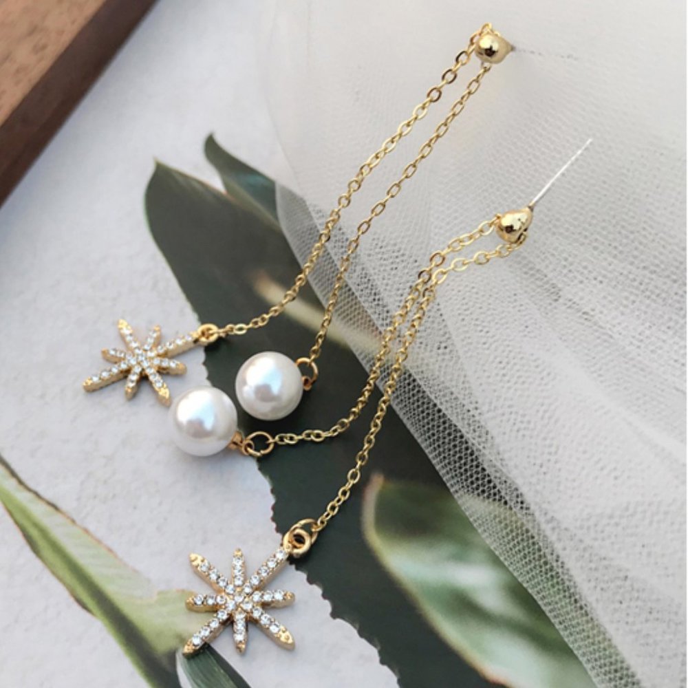 💙Star Shiny Pearl Threader Earrings - Picture 2 of 12